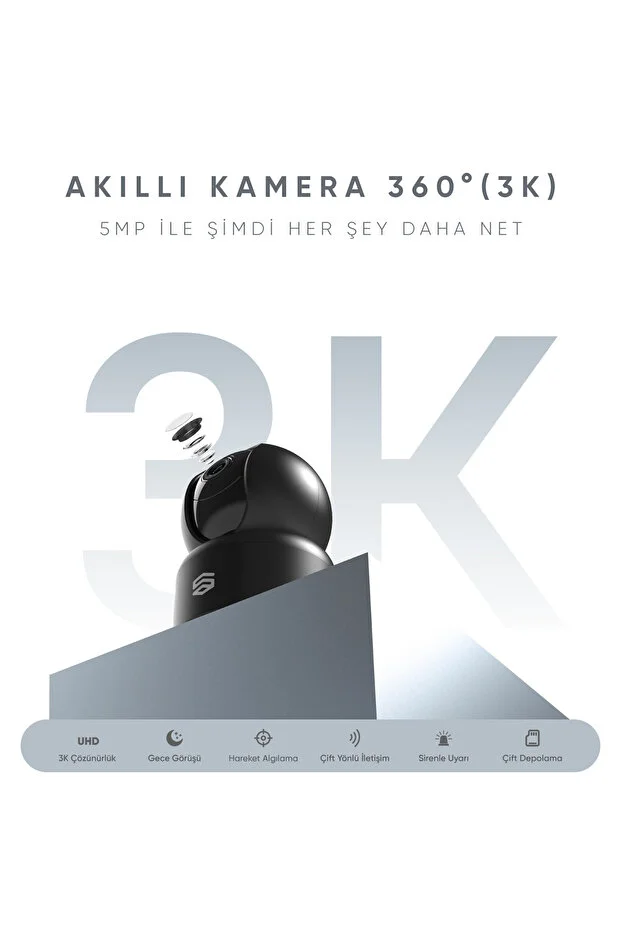 Akıllı 360° Kamera Wi-fi, 1620p 3k Ultra Görüntü Kalitesi, Gece Görüş, Ses Gönderme Ve Alma